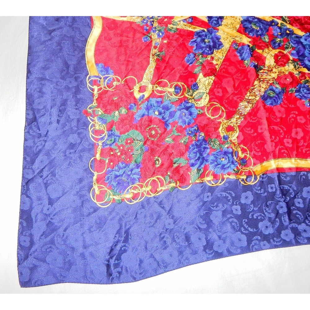 Ricki Freeman For Teri Jon Floral Silk Scarf Navy Red Gold Plaid Korea - Picture 15 of 16